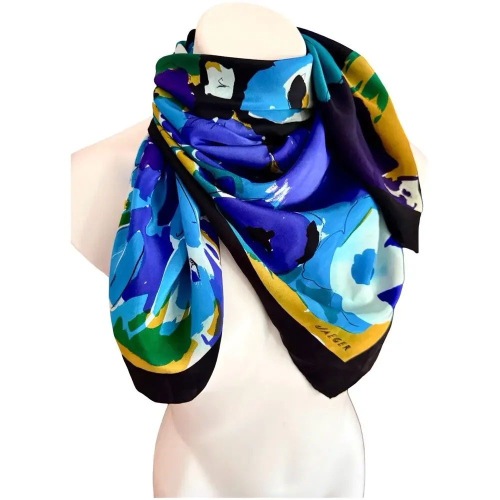 Jaeger 1980s Silk Scarf Blue Purple Abstract Floral 33x35 Made in Italy